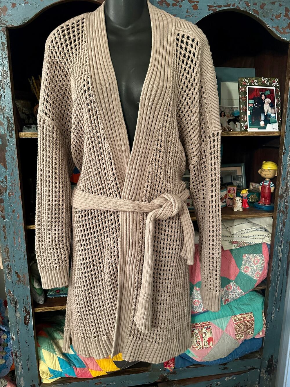 SPLENDID HEAVY COTTON CASHMERE OPENWORK KNIT CROCHET MESH LONG CARDIGAN COAT